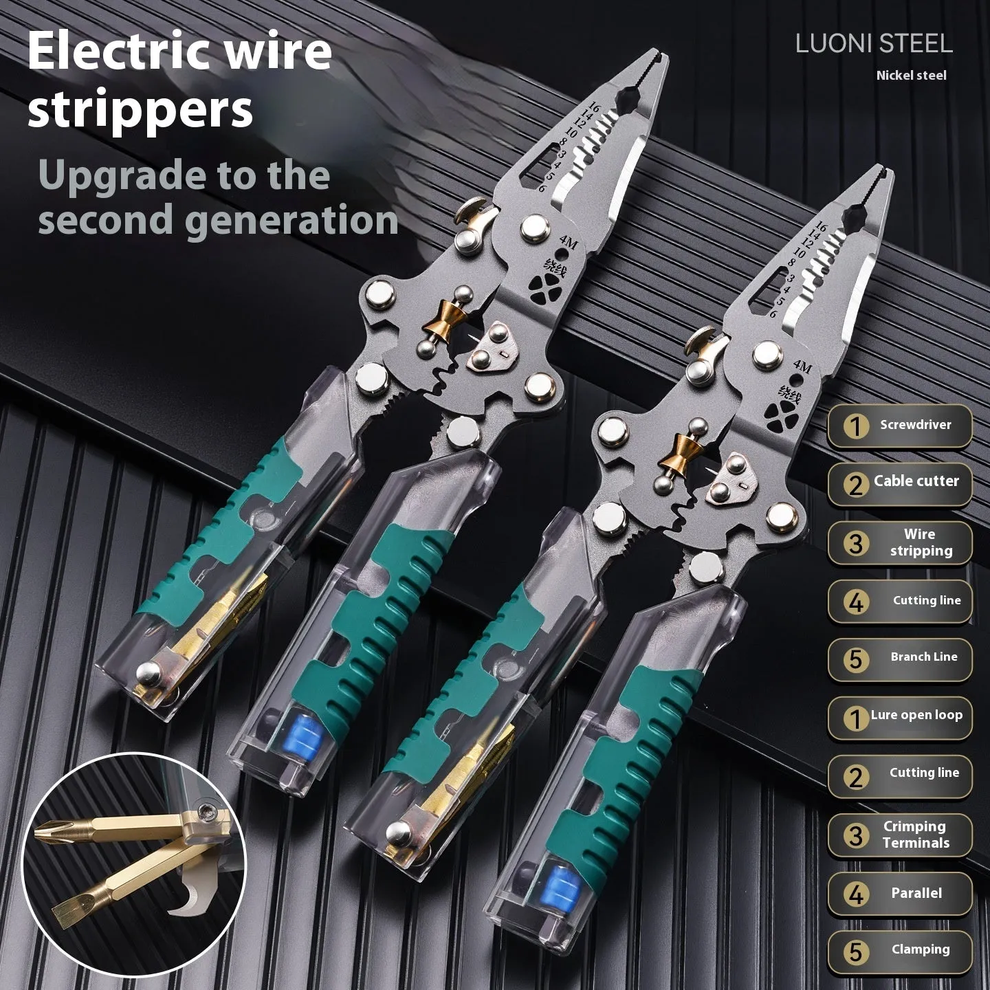 Electrician's pointed pliers and wire stripper with rust prevention in 215mm or 225mm sizes