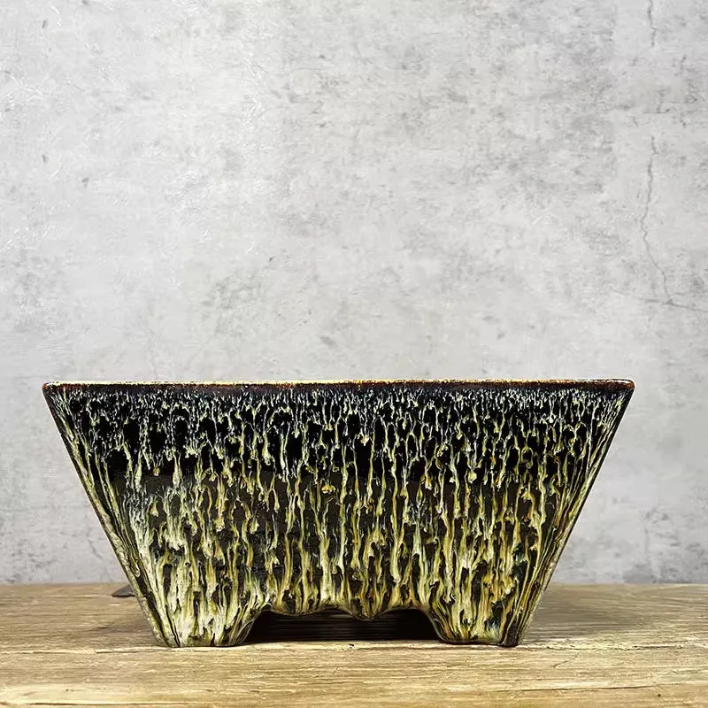 Ceramic yellow tabletop flower basin planter pot for indoor and outdoor use