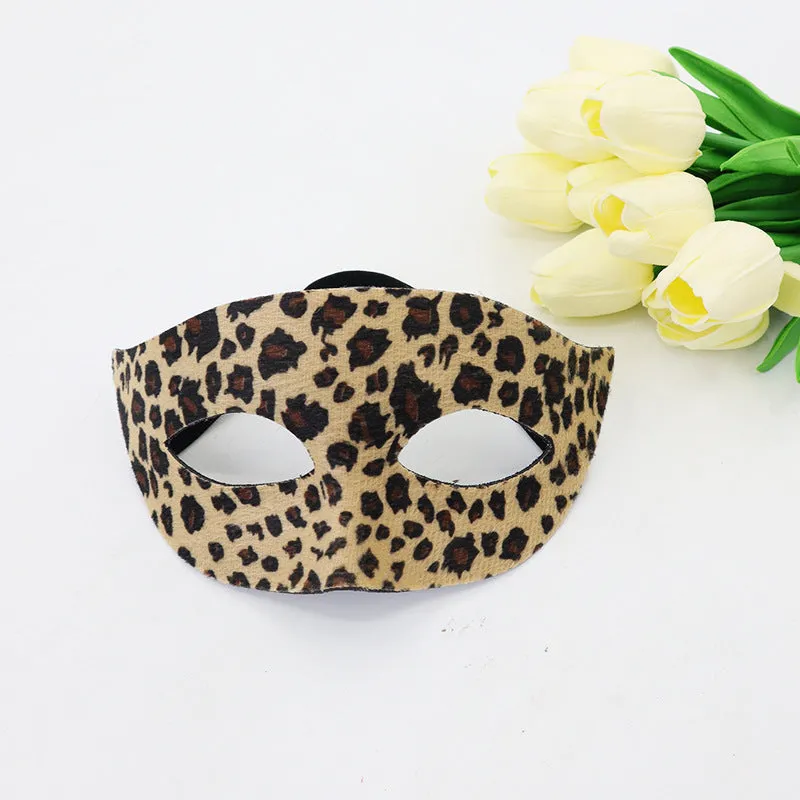 Leopard print half face plastic mask and matching headband set for Halloween costume
