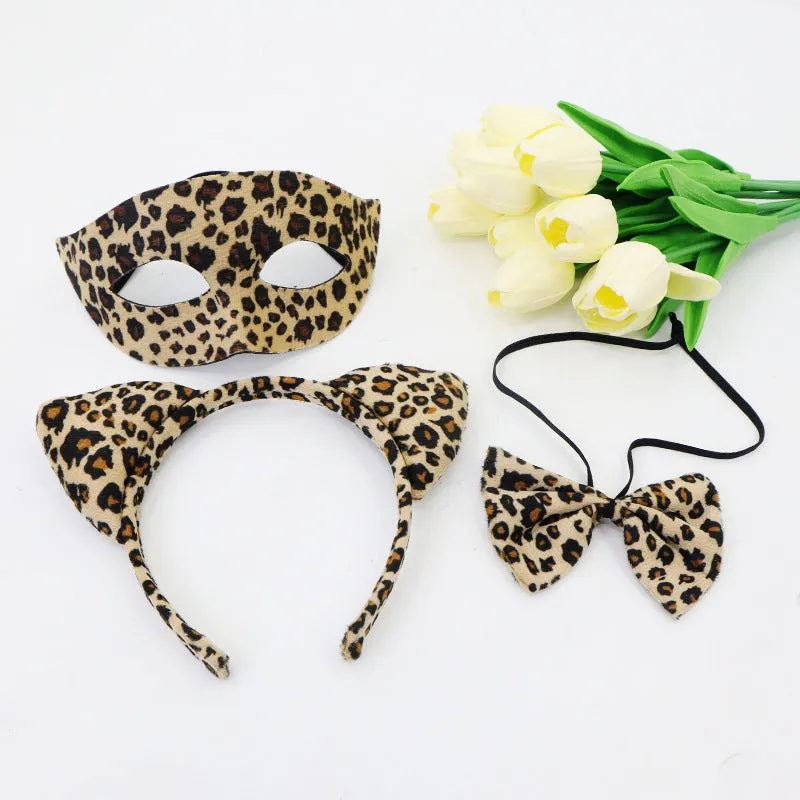 Leopard print half face plastic mask and matching headband set for Halloween costume