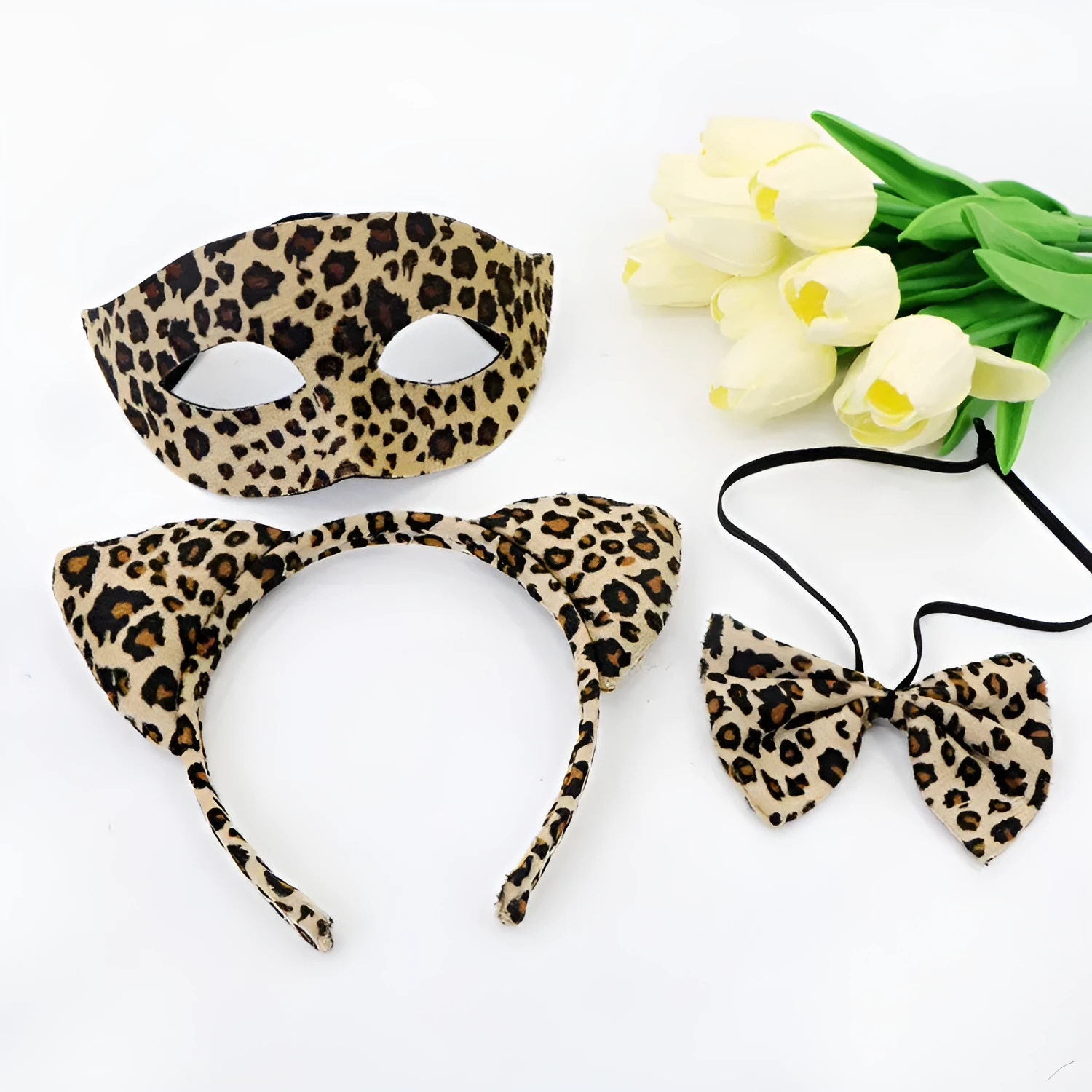 Leopard print half face plastic mask and matching headband set for Halloween costume
