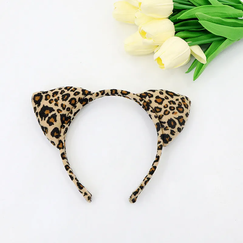 Leopard print half face plastic mask and matching headband set for Halloween costume