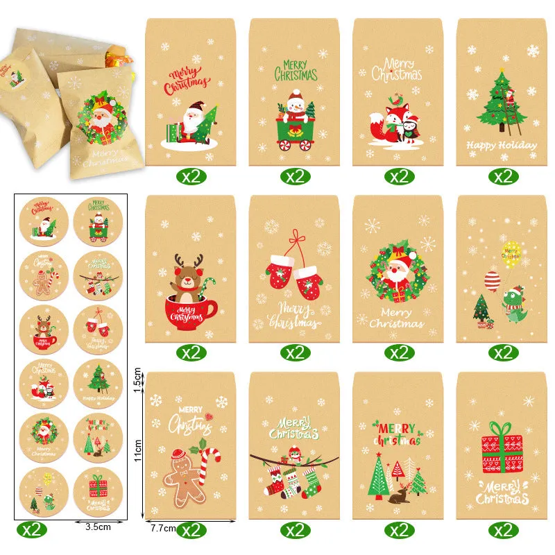 Retro kraft paper mini envelope set 24 pieces with stickers Christmas design 12.5x7.7cm