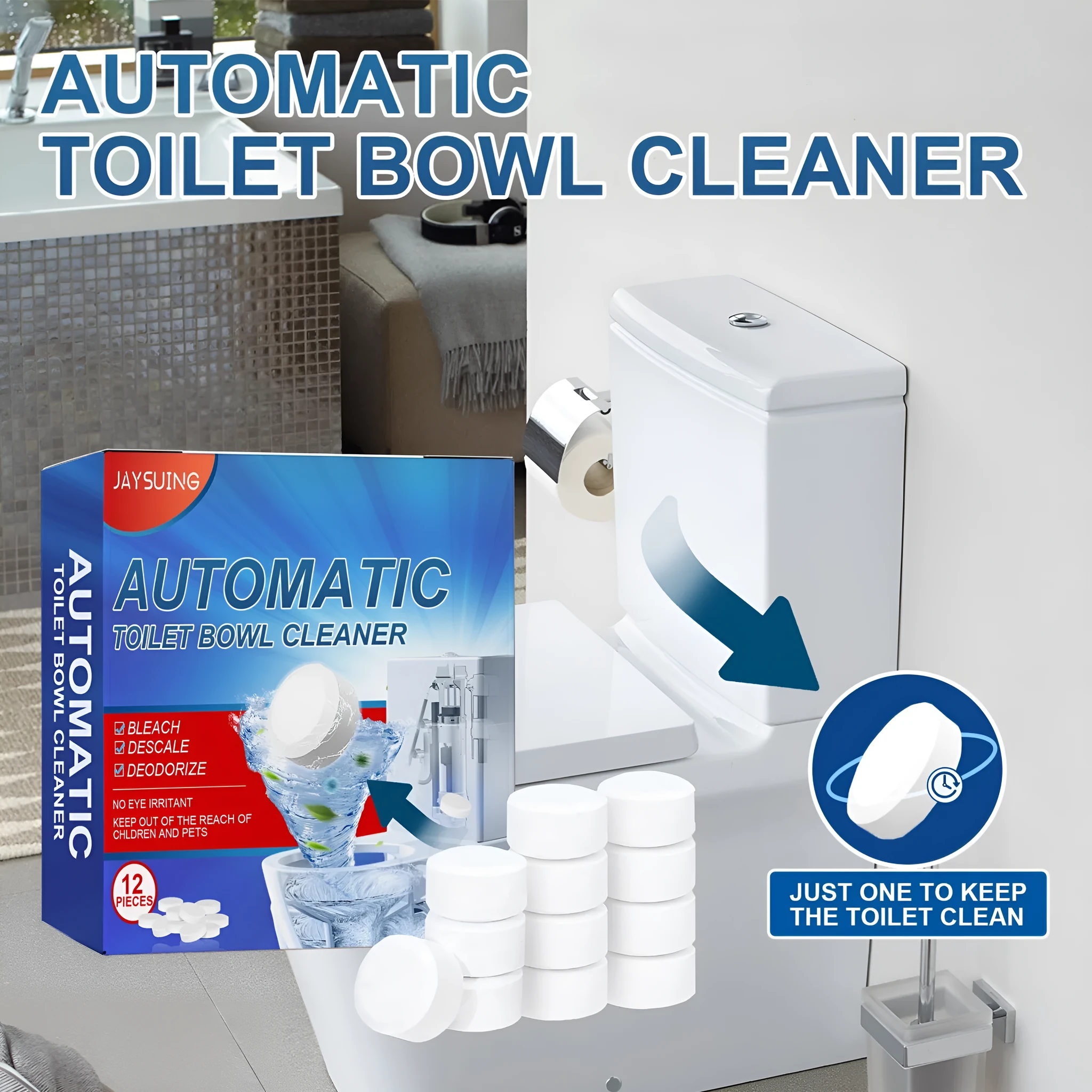 Household toilet cleaning effervescent tablets 12 pack with sodium bicarbonate formula in 10x2.1x10cm packaging