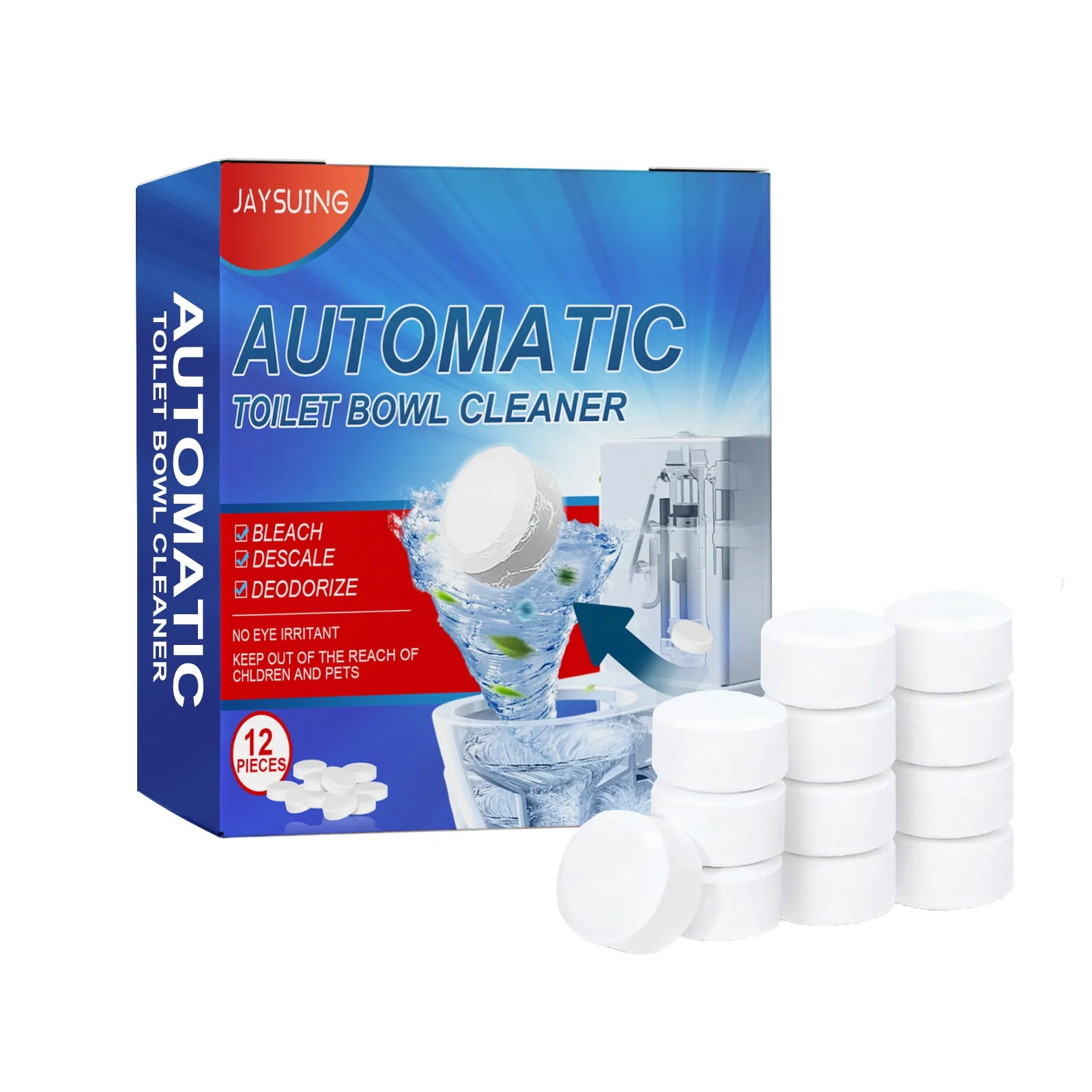 Household toilet cleaning effervescent tablets 12 pack with sodium bicarbonate formula in 10x2.1x10cm packaging
