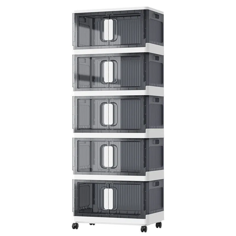 Foldable white household storage locker with wheels and multiple shelves