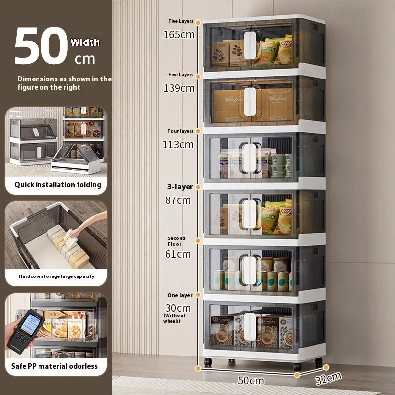 Foldable white household storage locker with wheels and multiple shelves