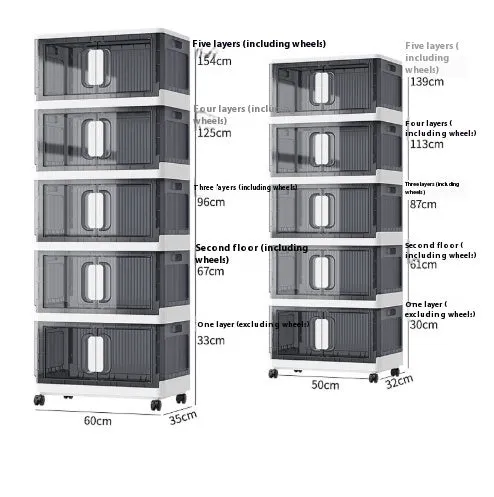 Foldable white household storage locker with wheels and multiple shelves
