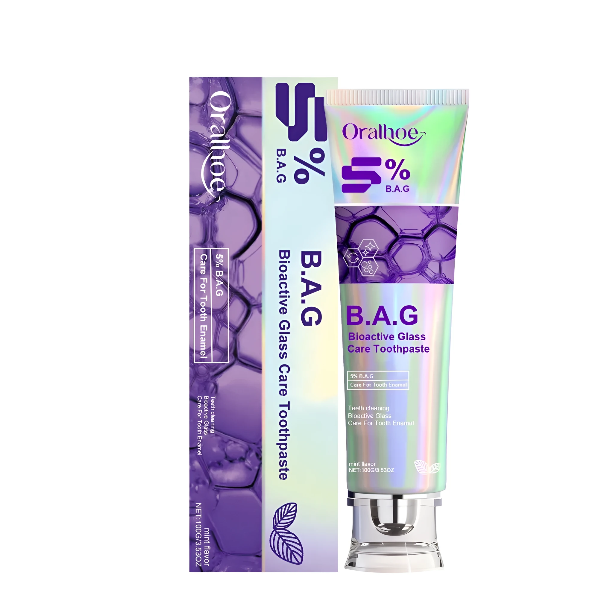 Oral Care Toothpaste 100g tube with peppermint extract and hydrated silica on white background