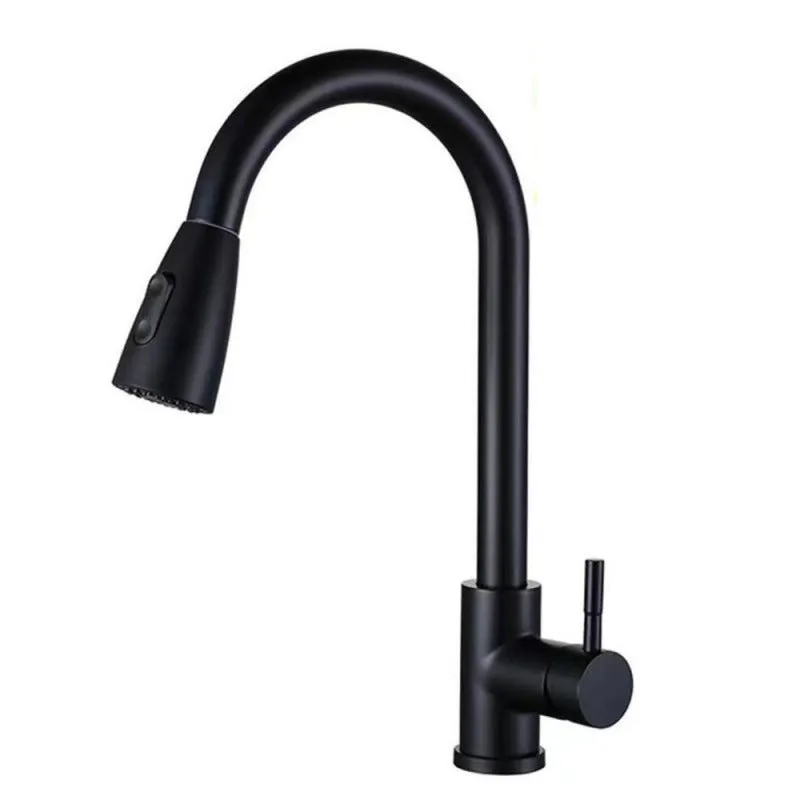 Household stainless steel pull-out kitchen faucet with dual-mode spray head and 60cm inlet pipe brushed colour finish