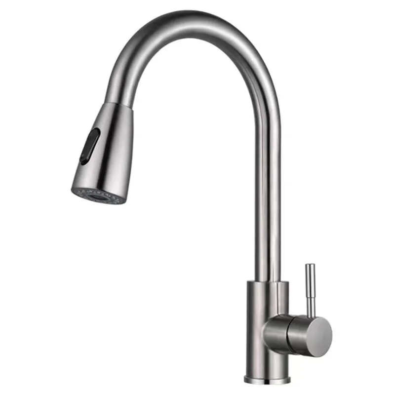 Household stainless steel pull-out kitchen faucet with dual-mode spray head and 60cm inlet pipe brushed colour finish