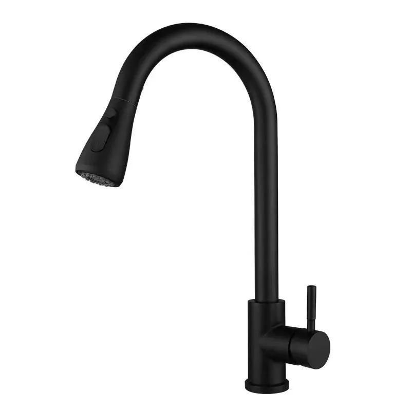 Household stainless steel pull-out kitchen faucet with dual-mode spray head and 60cm inlet pipe brushed colour finish