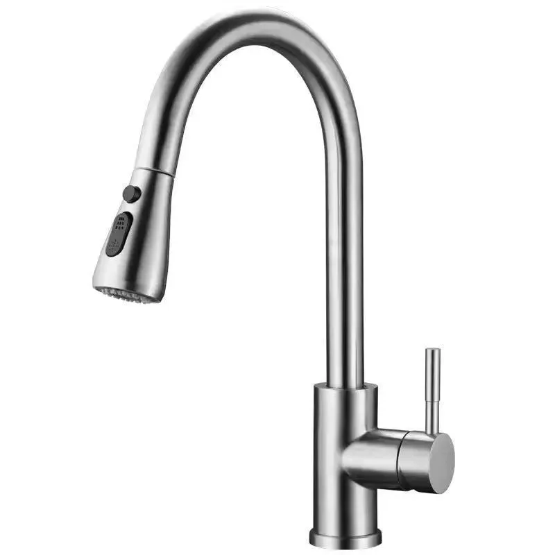Household stainless steel pull-out kitchen faucet with dual-mode spray head and 60cm inlet pipe brushed colour finish