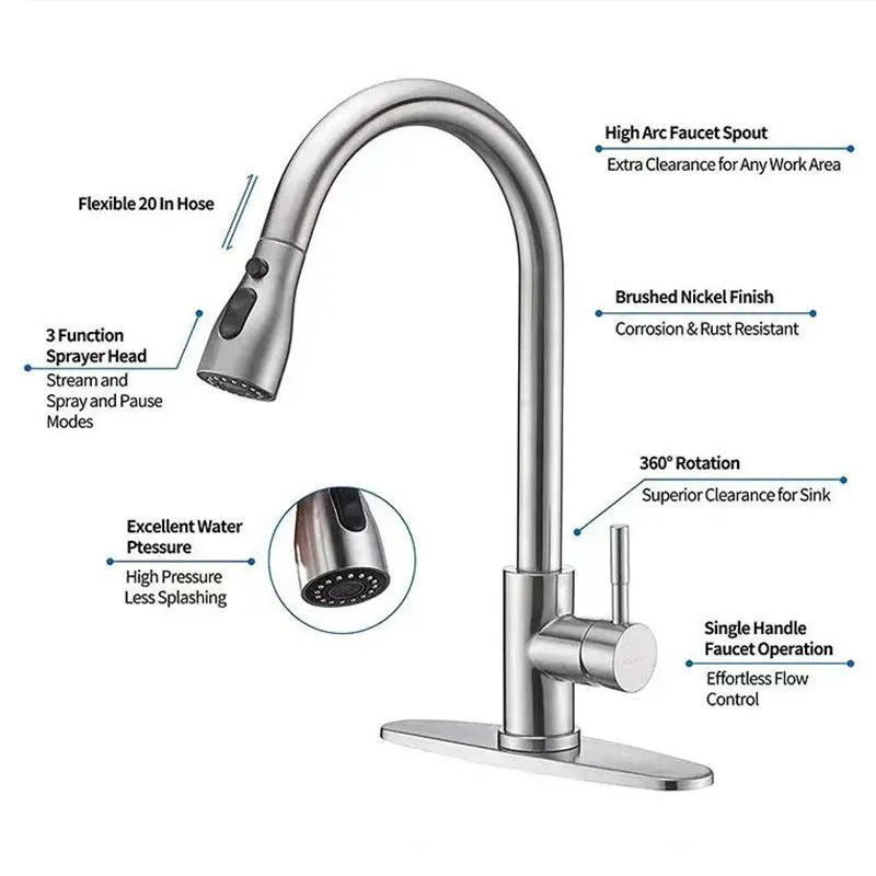 Household stainless steel pull-out kitchen faucet with dual-mode spray head and 60cm inlet pipe brushed colour finish