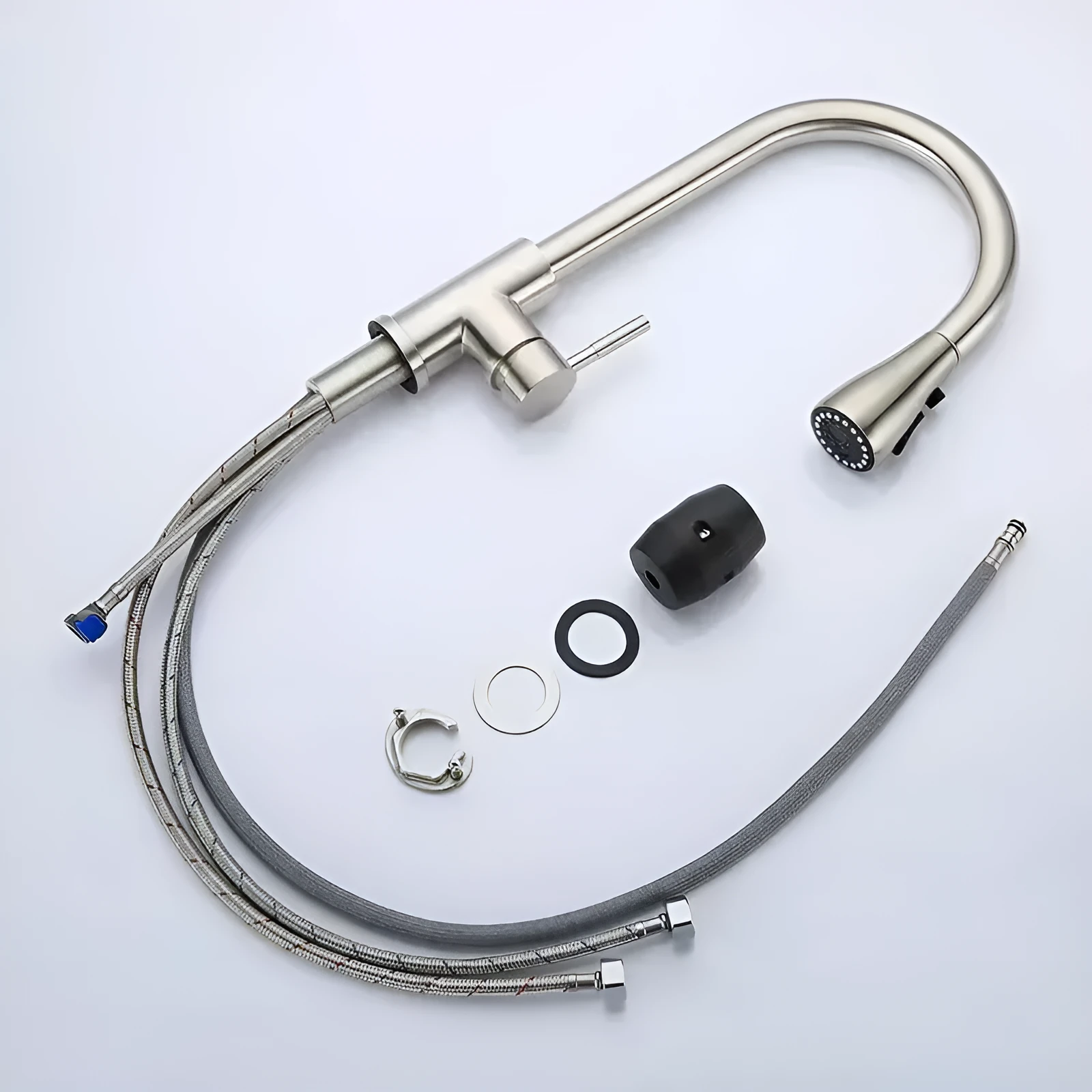 Household stainless steel pull-out kitchen faucet with dual-mode spray head and 60cm inlet pipe brushed colour finish
