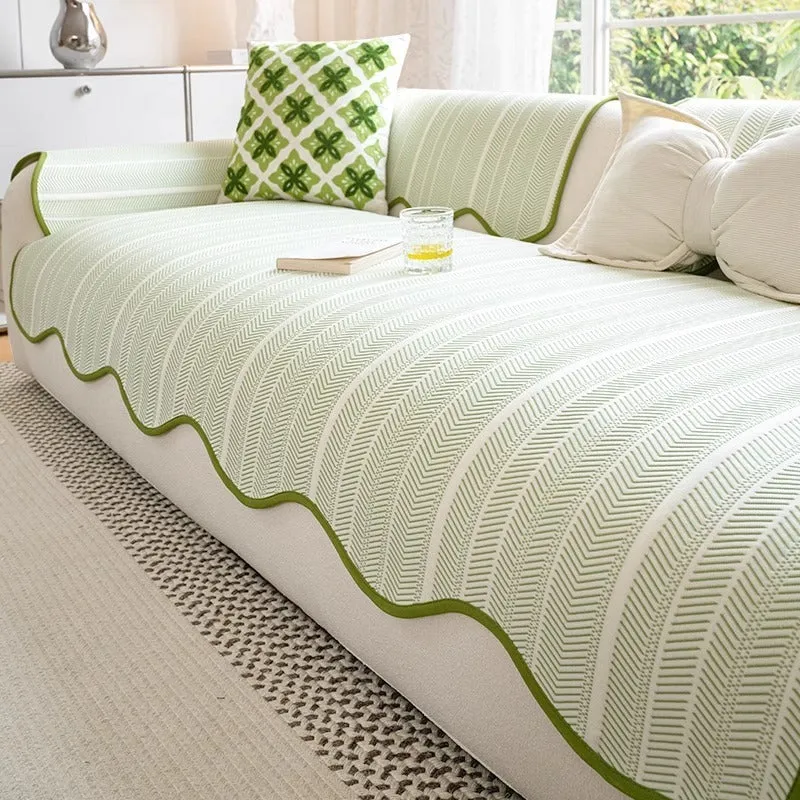 Ice Silk special-pattern sofa cover in Cloud Grey, showing straight row mat non-slip construction.