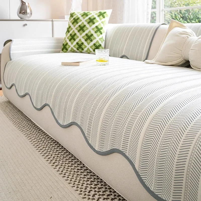 Ice Silk special-pattern sofa cover in Cloud Grey, showing straight row mat non-slip construction.