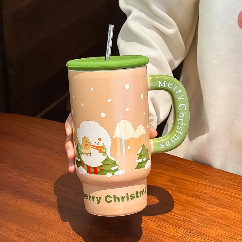Large capacity 800ml white porcelain Christmas mug with cartoon pattern and red elk design on rustic background
