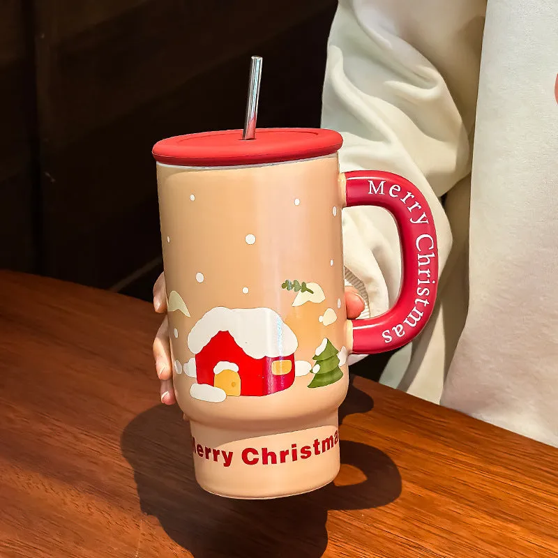 Large capacity 800ml white porcelain Christmas mug with cartoon pattern and red elk design on rustic background