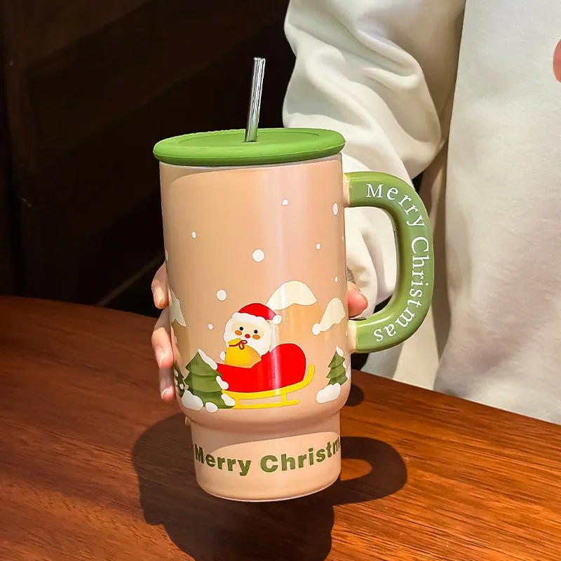 Large capacity 800ml white porcelain Christmas mug with cartoon pattern and red elk design on rustic background