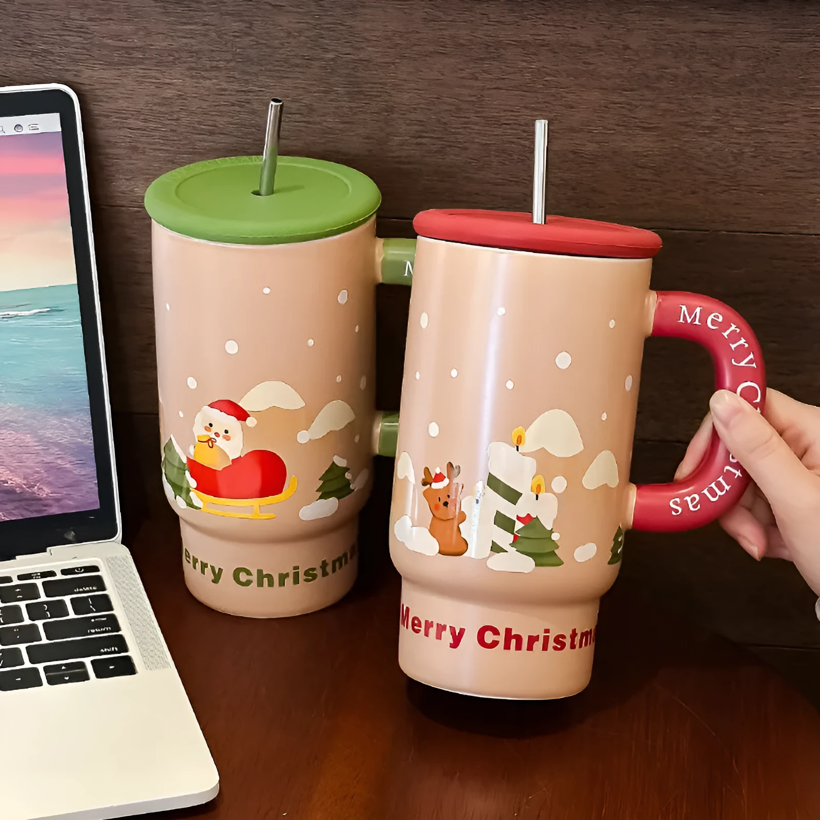 Large capacity 800ml white porcelain Christmas mug with cartoon pattern and red elk design on rustic background