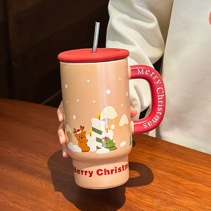 Large capacity 800ml white porcelain Christmas mug with cartoon pattern and red elk design on rustic background