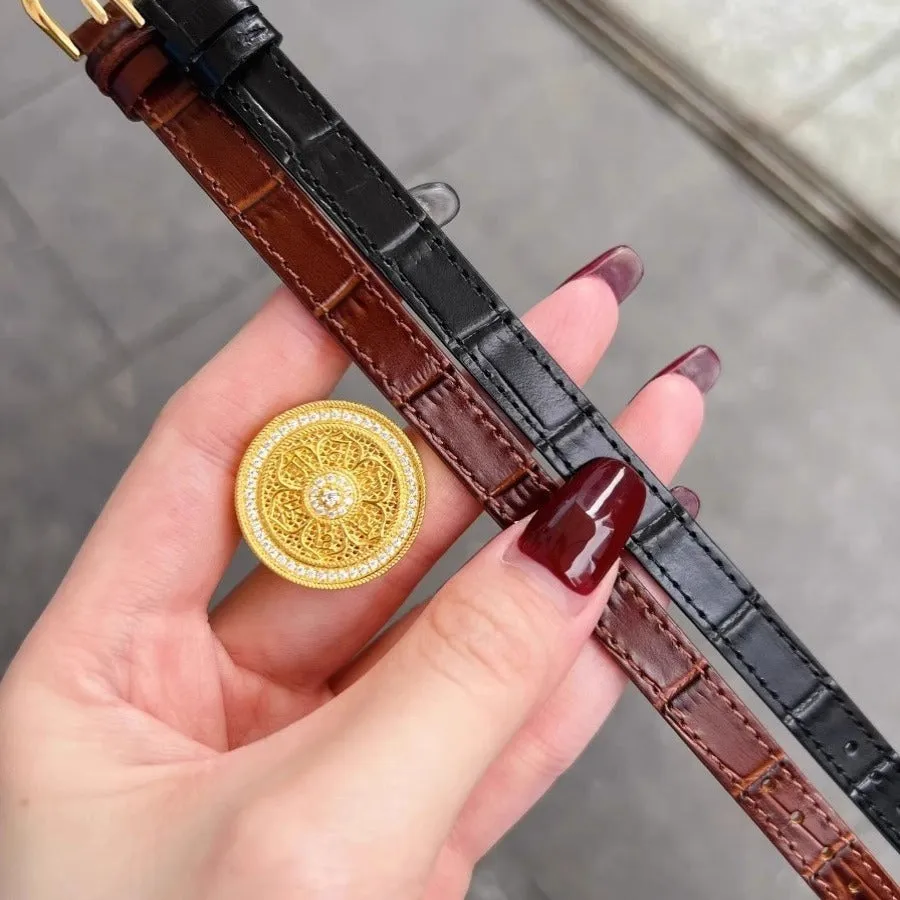Gold plated eight-treasure compass watch chain with moissanite inlay on a black leather strap