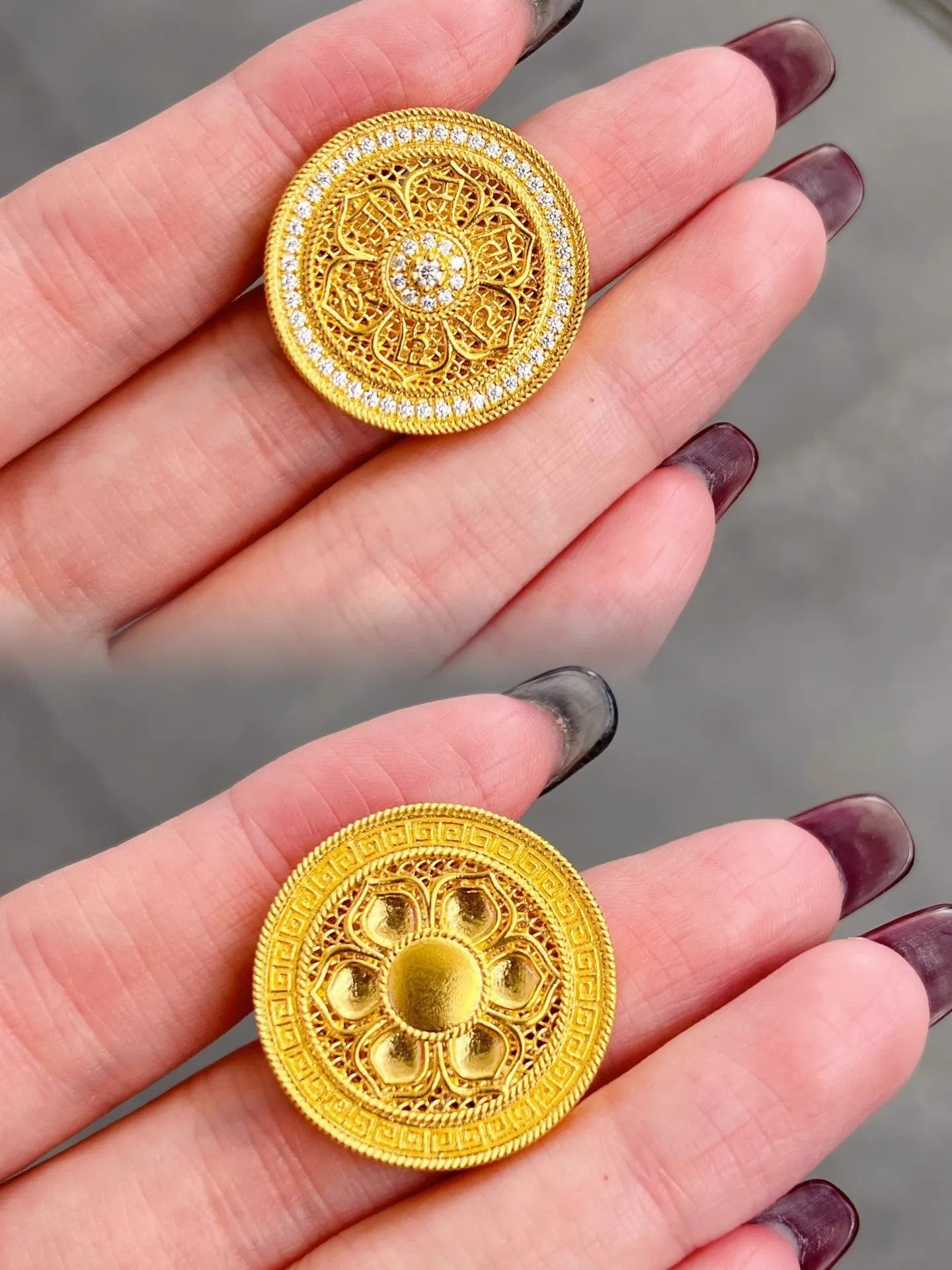 Gold plated eight-treasure compass watch chain with moissanite inlay on a black leather strap