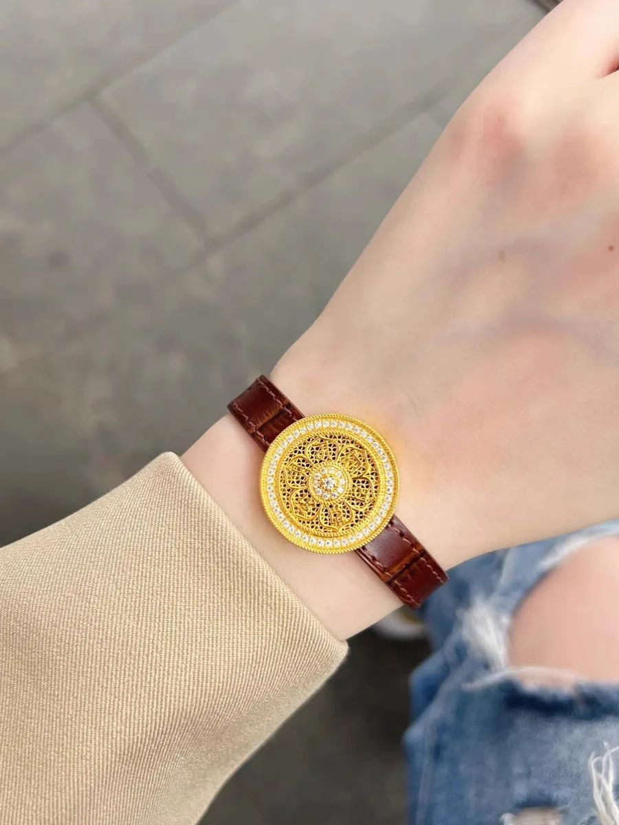 Gold plated eight-treasure compass watch chain with moissanite inlay on a black leather strap