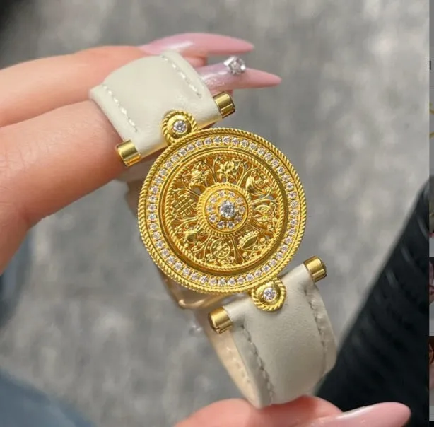 Gold plated eight-treasure compass watch chain with moissanite inlay on a black leather strap