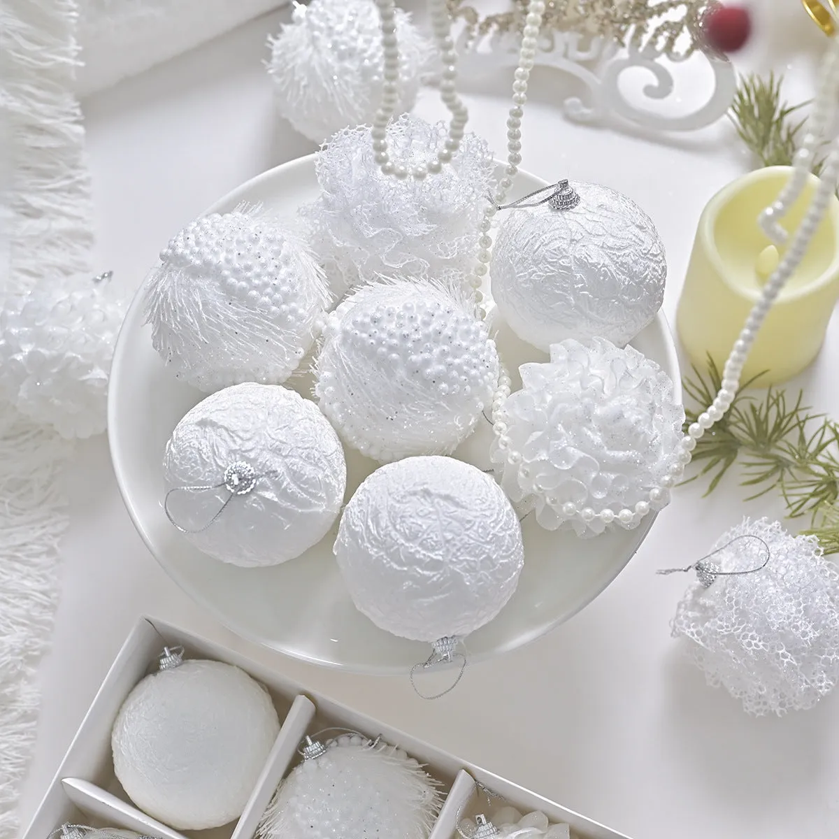 Lace glitter foam Christmas ball decorative pendant ornament in XM0171S colour on plastic base