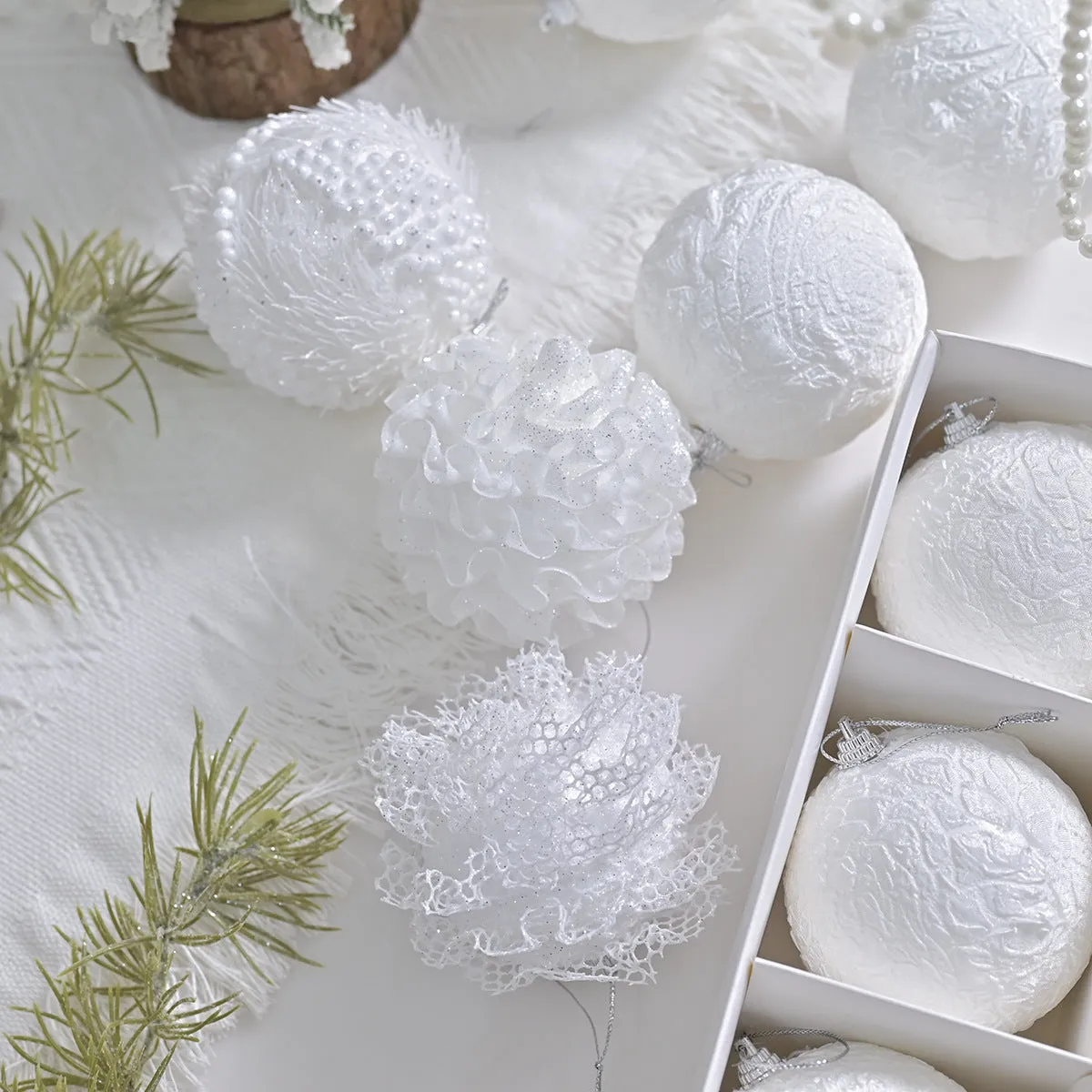 Lace glitter foam Christmas ball decorative pendant ornament in XM0171S colour on plastic base