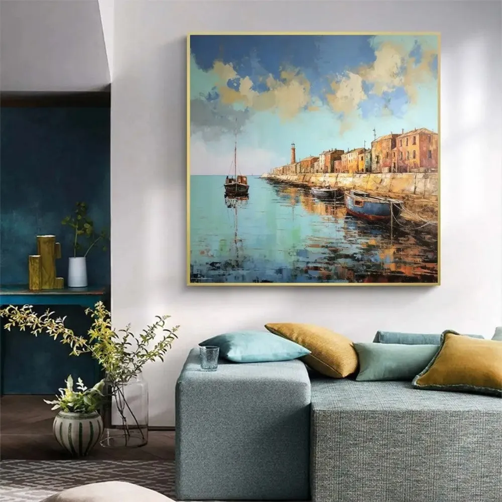 Hand painted oil painting on canvas abstract pier scenery square wall art in modern style