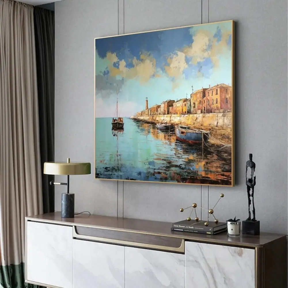Hand painted oil painting on canvas abstract pier scenery square wall art in modern style