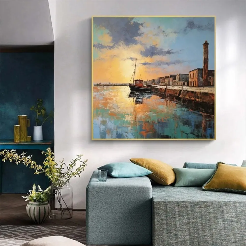 Hand painted oil painting on canvas abstract pier scenery square wall art in modern style
