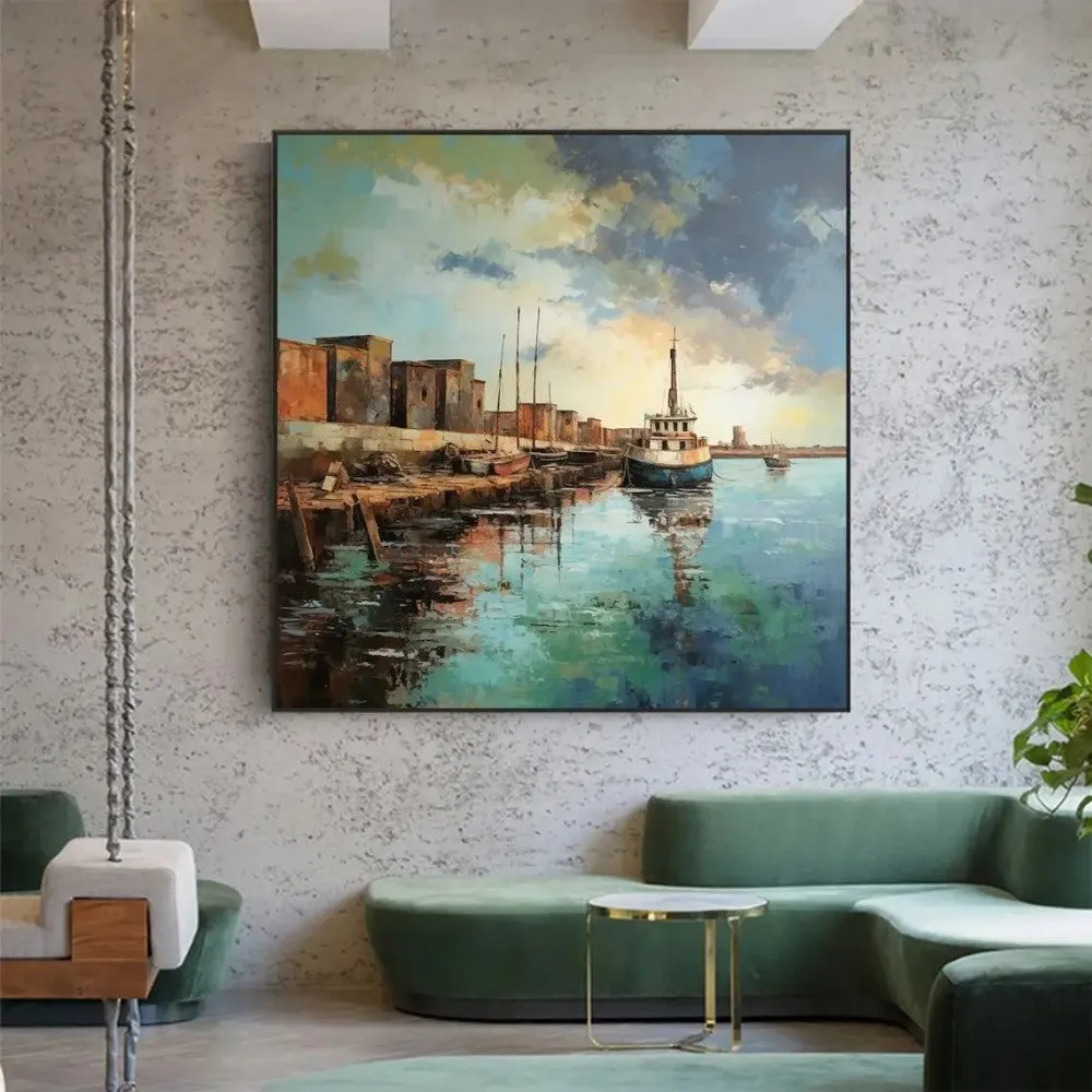 Hand painted oil painting on canvas abstract pier scenery square wall art in modern style