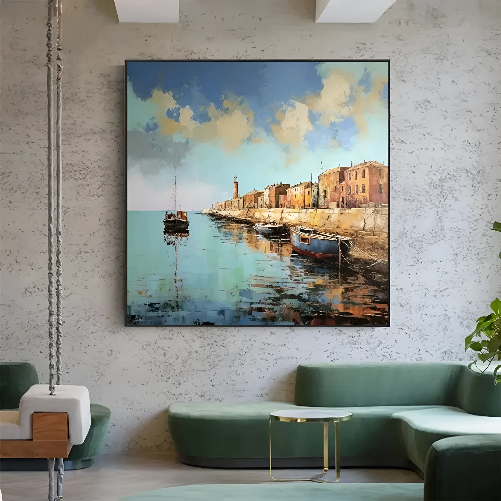 Hand painted oil painting on canvas abstract pier scenery square wall art in modern style