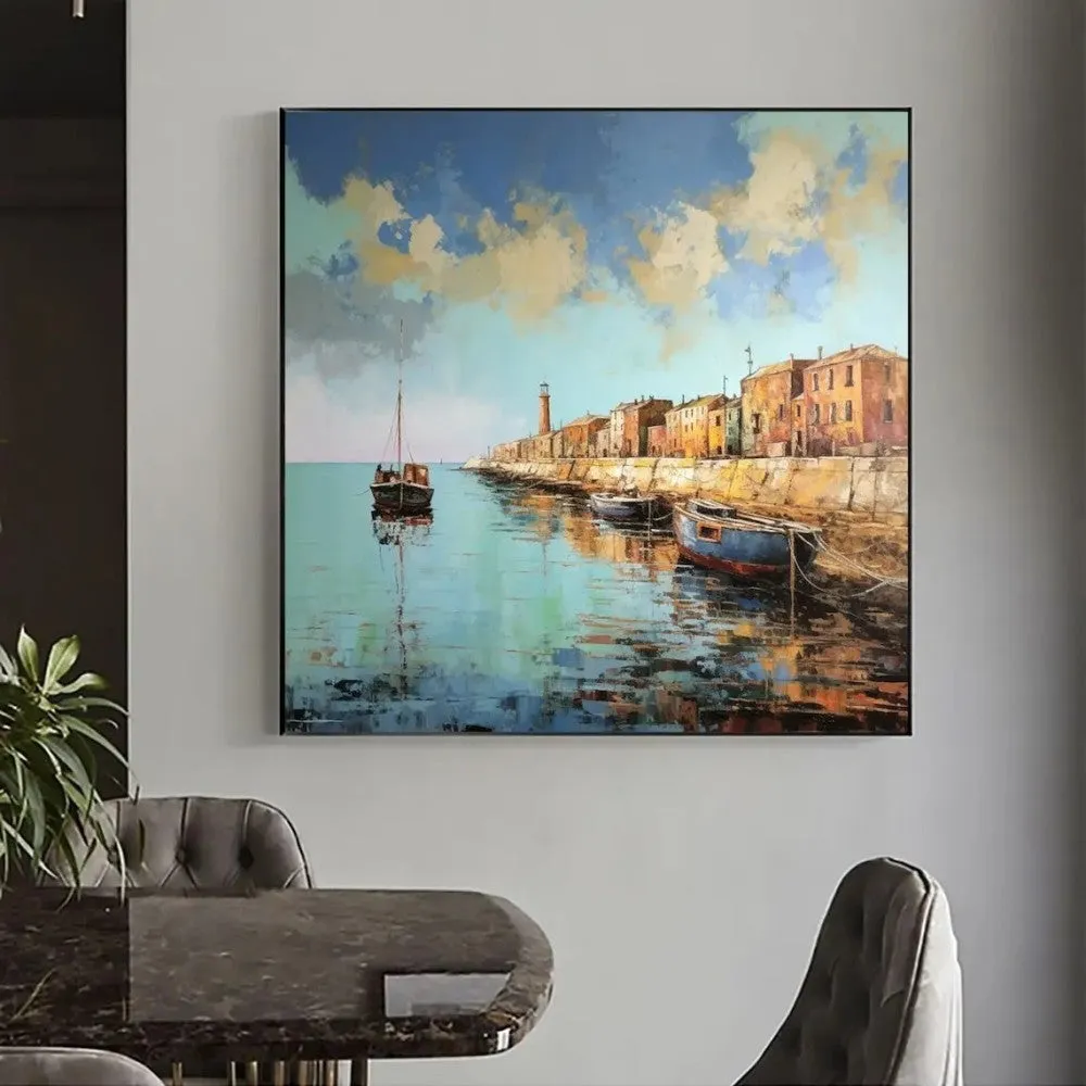 Hand painted oil painting on canvas abstract pier scenery square wall art in modern style