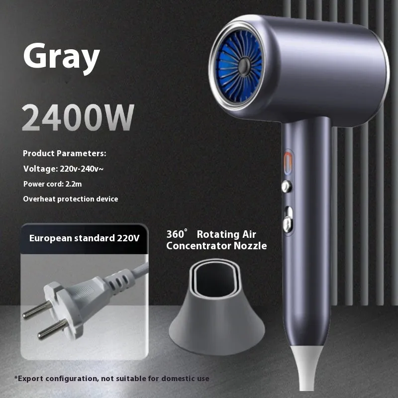 Black household anion hair dryer with blue light, five fan speeds, and air collecting nozzle on neutral background
