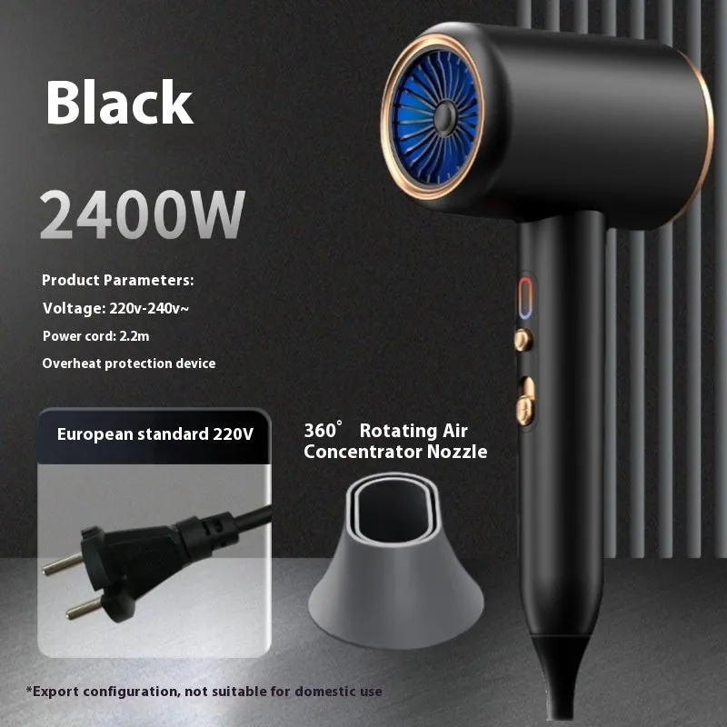 Black household anion hair dryer with blue light, five fan speeds, and air collecting nozzle on neutral background