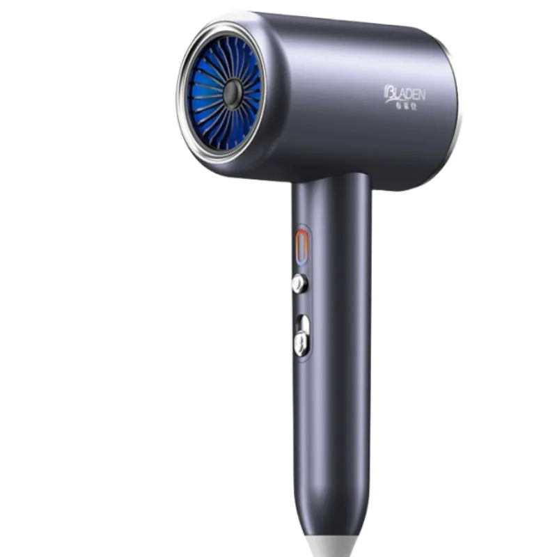 Black household anion hair dryer with blue light, five fan speeds, and air collecting nozzle on neutral background