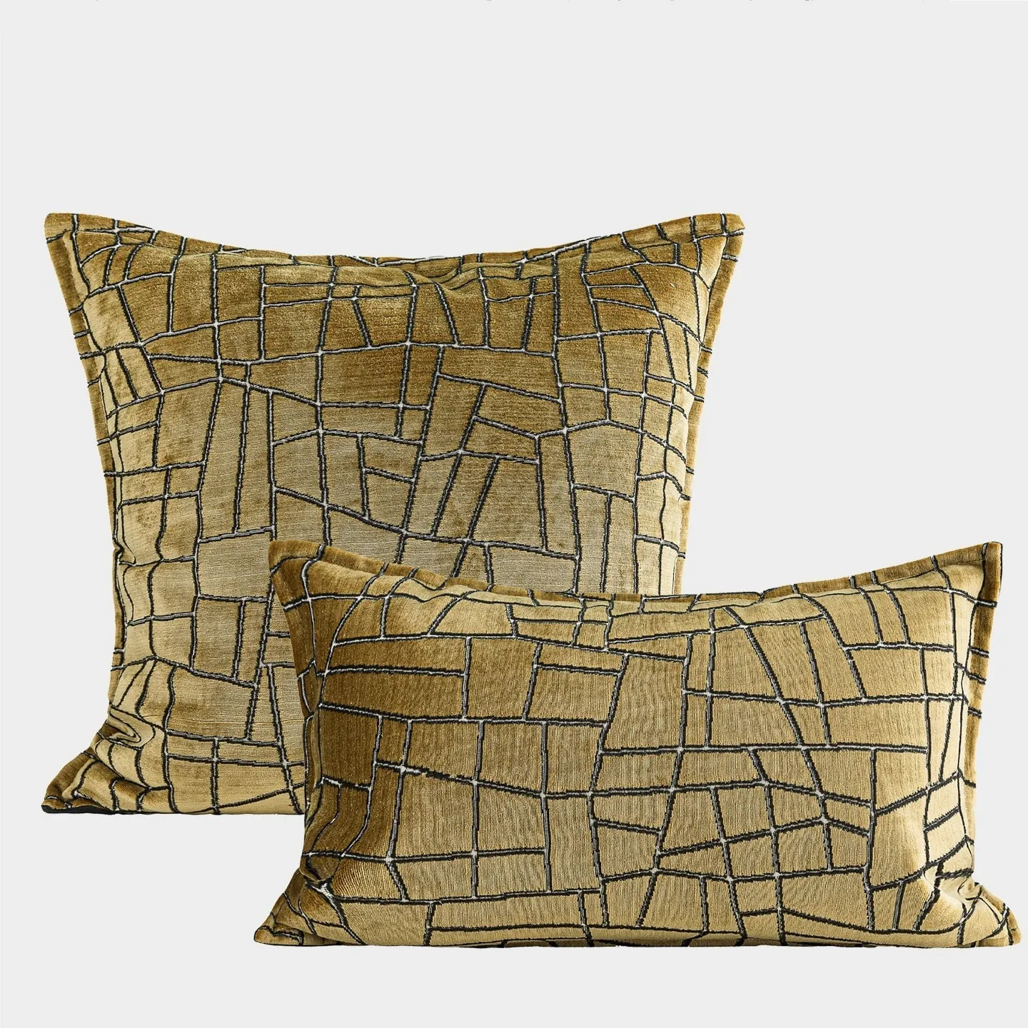 Tuhao gold geometric abstract pattern on a square polyester cushion cover.