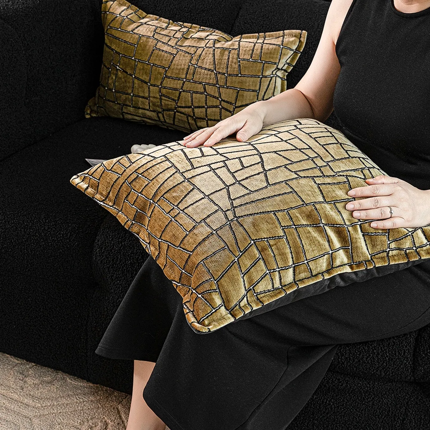 Tuhao gold geometric abstract pattern on a square polyester cushion cover.