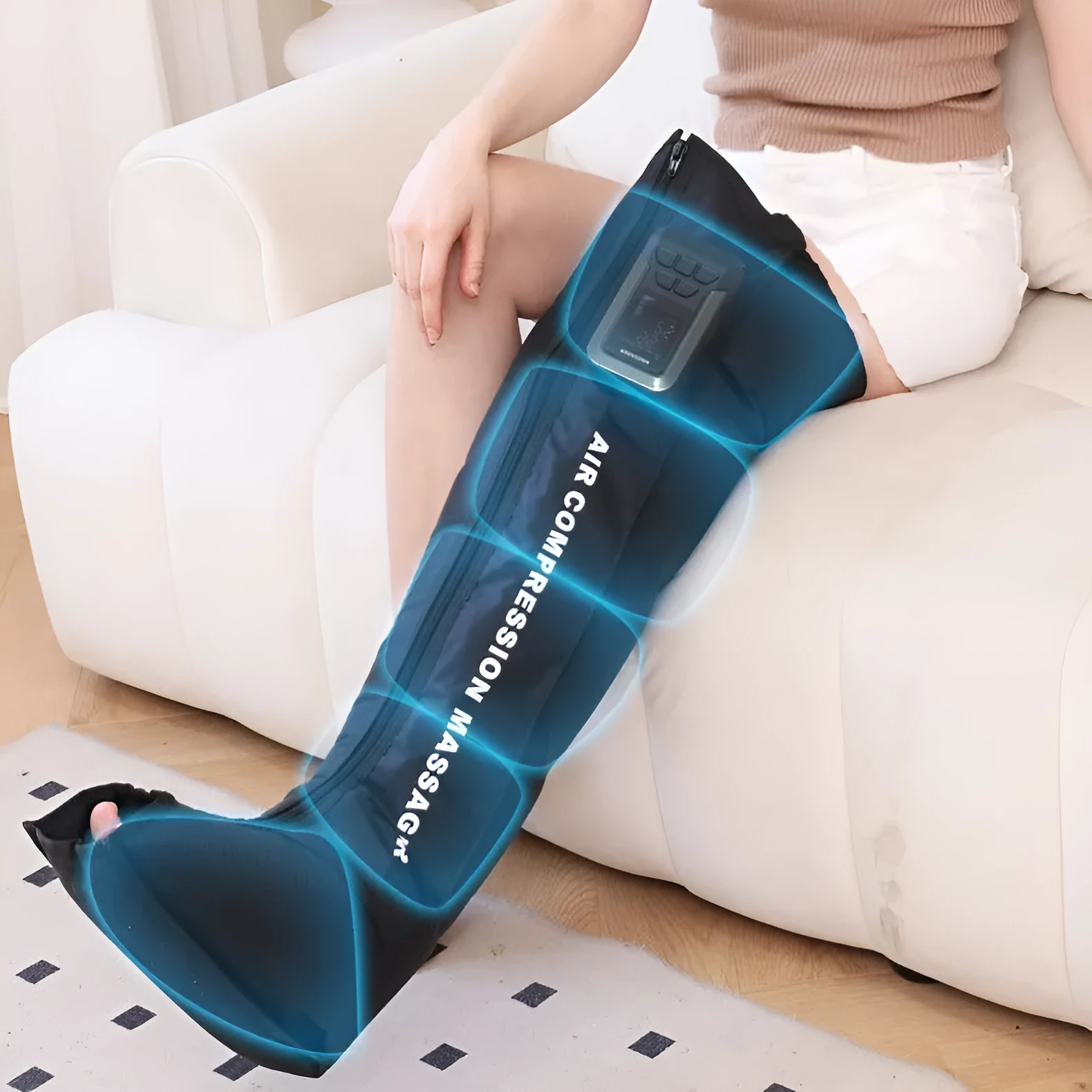 Electric leg massager with air wave compression cuffs in neutral colour showing control panel and leg wraps