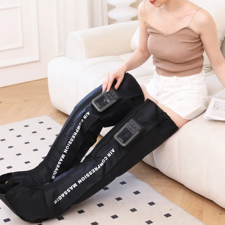Electric leg massager with air wave compression cuffs in neutral colour showing control panel and leg wraps