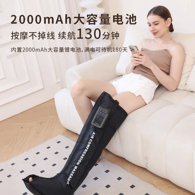 Electric leg massager with air wave compression cuffs in neutral colour showing control panel and leg wraps