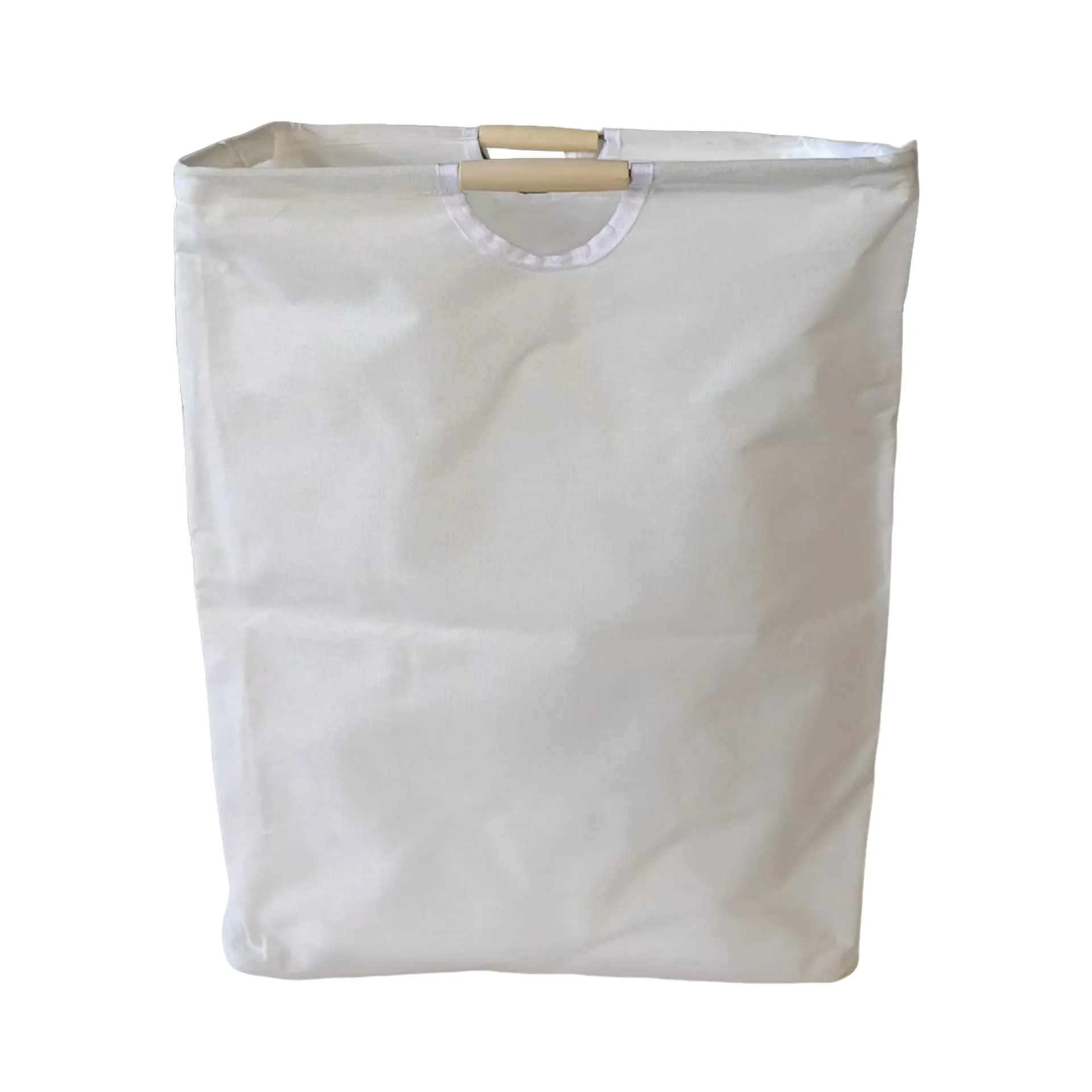 Folding cotton and linen laundry basket with wooden handles in white ring design