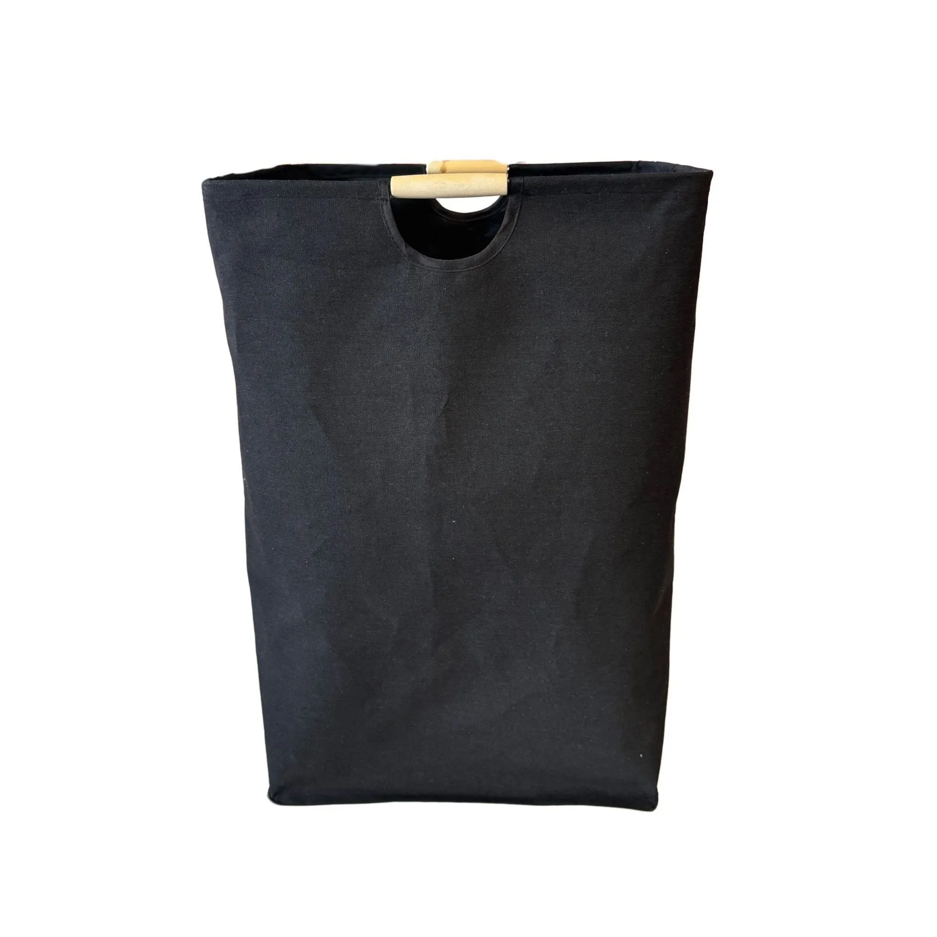 Folding cotton and linen laundry basket with wooden handles in white ring design