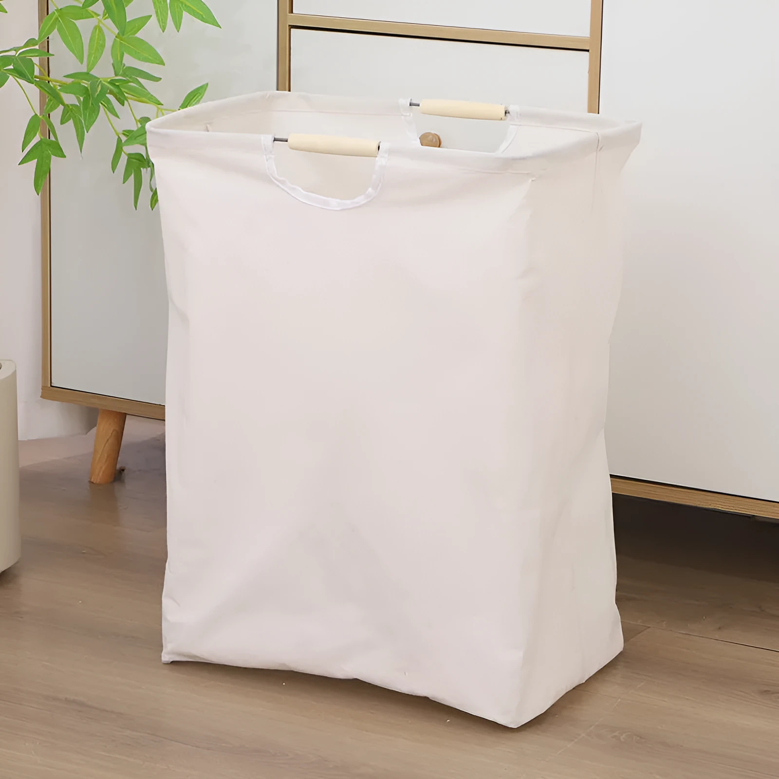 Folding cotton and linen laundry basket with wooden handles in white ring design