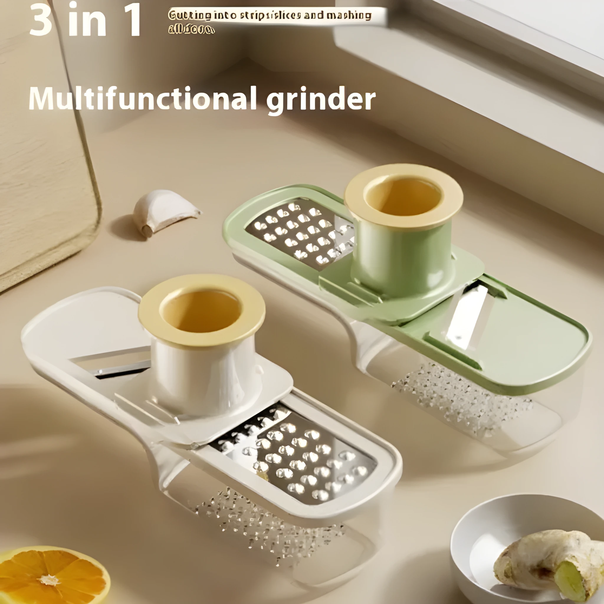 Stainless steel three-in-one ginger garlic grinder and potato slicer in beige colour